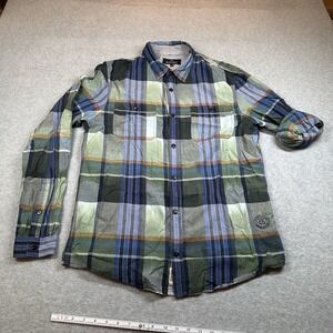 Buffalo‎ David Button Up Shirt Mens L Blue Green Plaid Tab Roll Up Sleeve